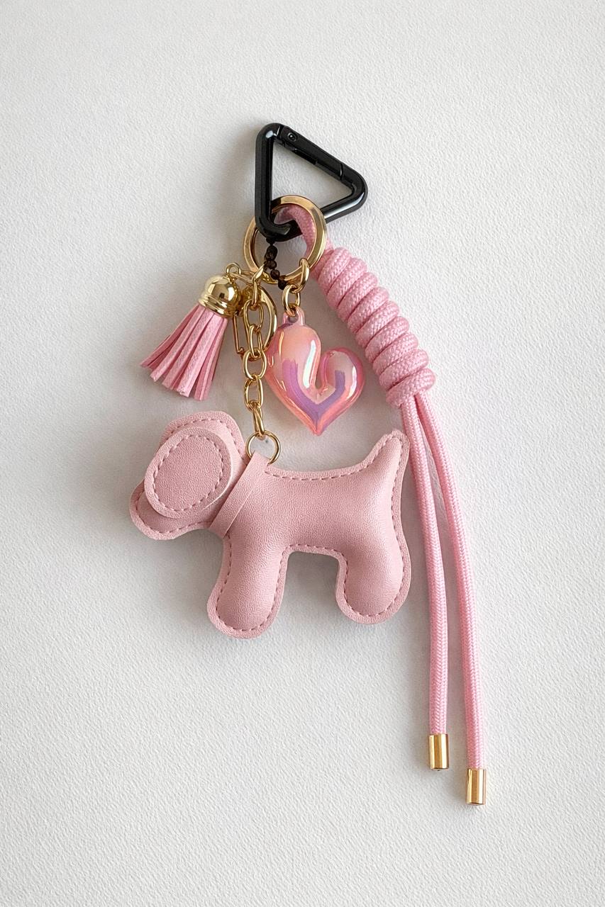 Pink Leather Dog Bag Charm, Gold Hardware, Minimalist Purse Accessory
