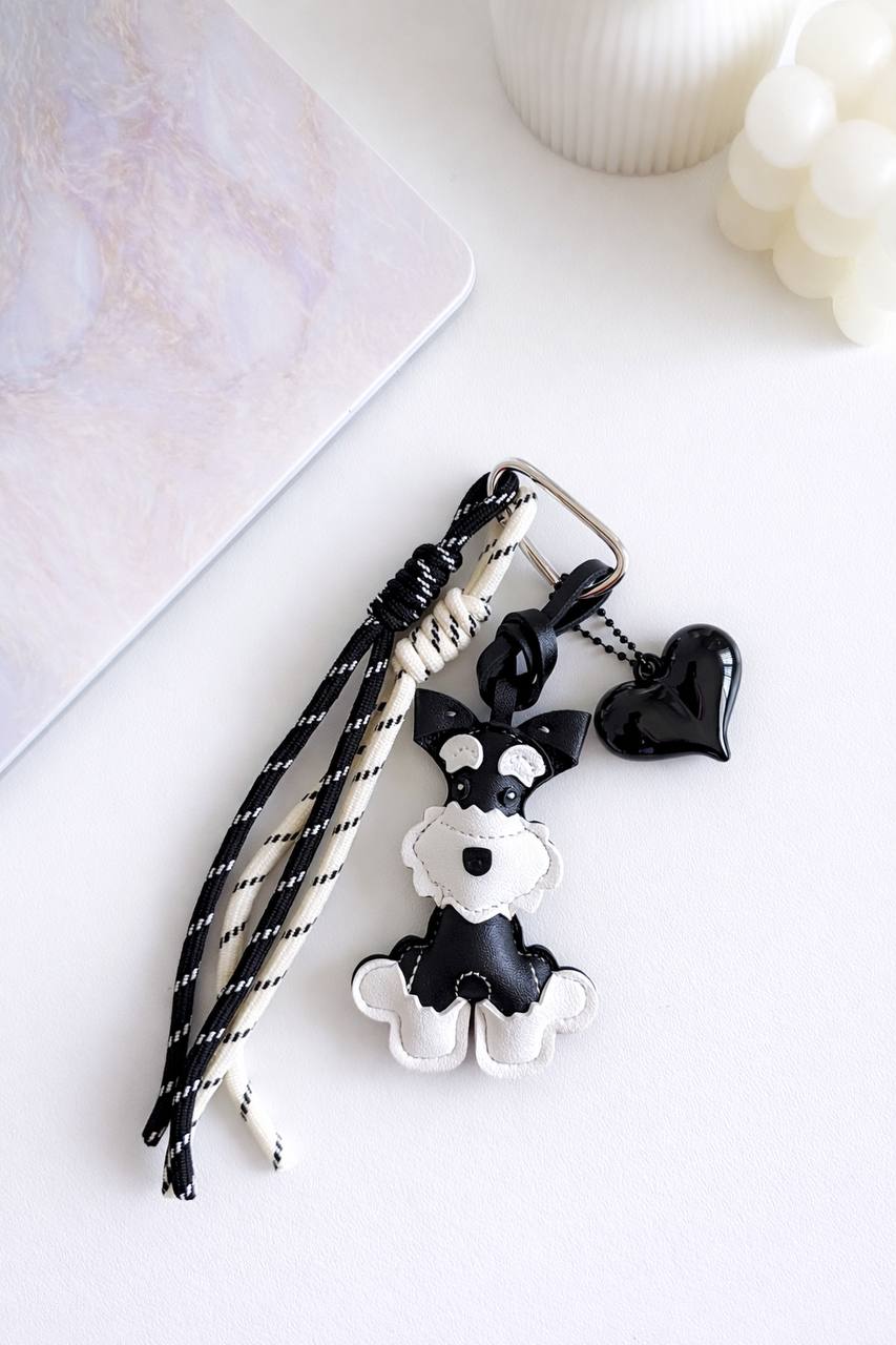Black White Dog Bag Charm – Faux Leather Puppy Keychain Accessory