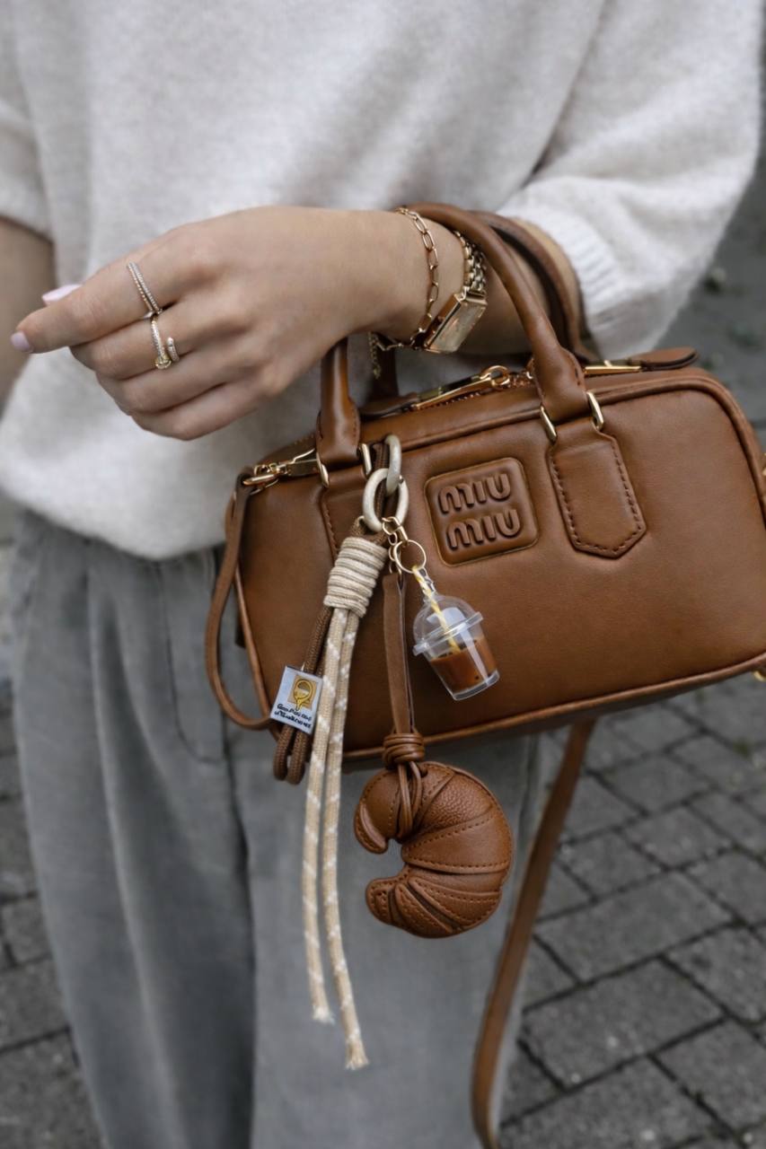Brown Croissant Bag Charm – Faux Leather Parisian Café Keychain Purse Accessory