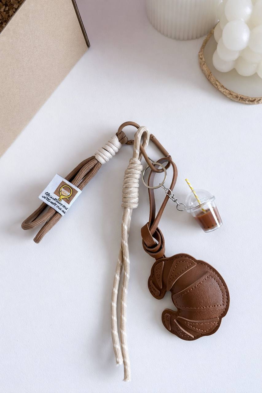 Brown Croissant Bag Charm – Faux Leather Parisian Café Keychain Purse Accessory