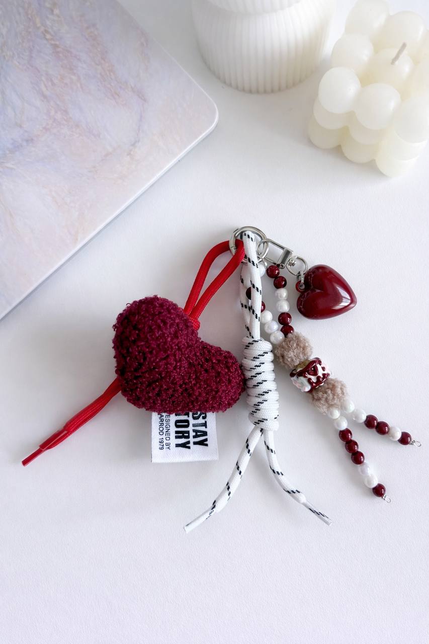 Plush Burgundy Heart Bag Charm – Glossy Pendant, Luxury Purse Accessory, Romantic Statement Charm