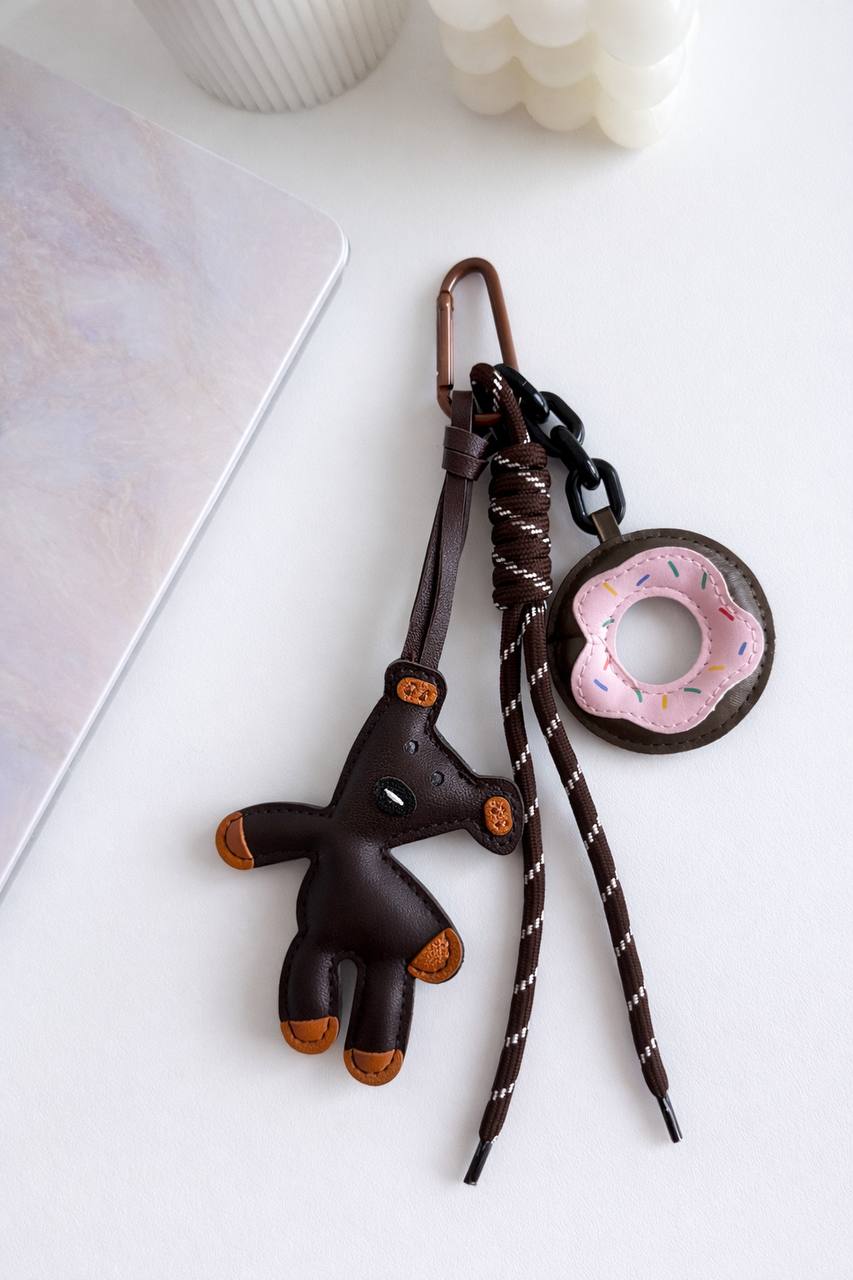 Leather Teddy Bear Bag Charm with Donut Keychain, Purse Accessory, Gift for Her
