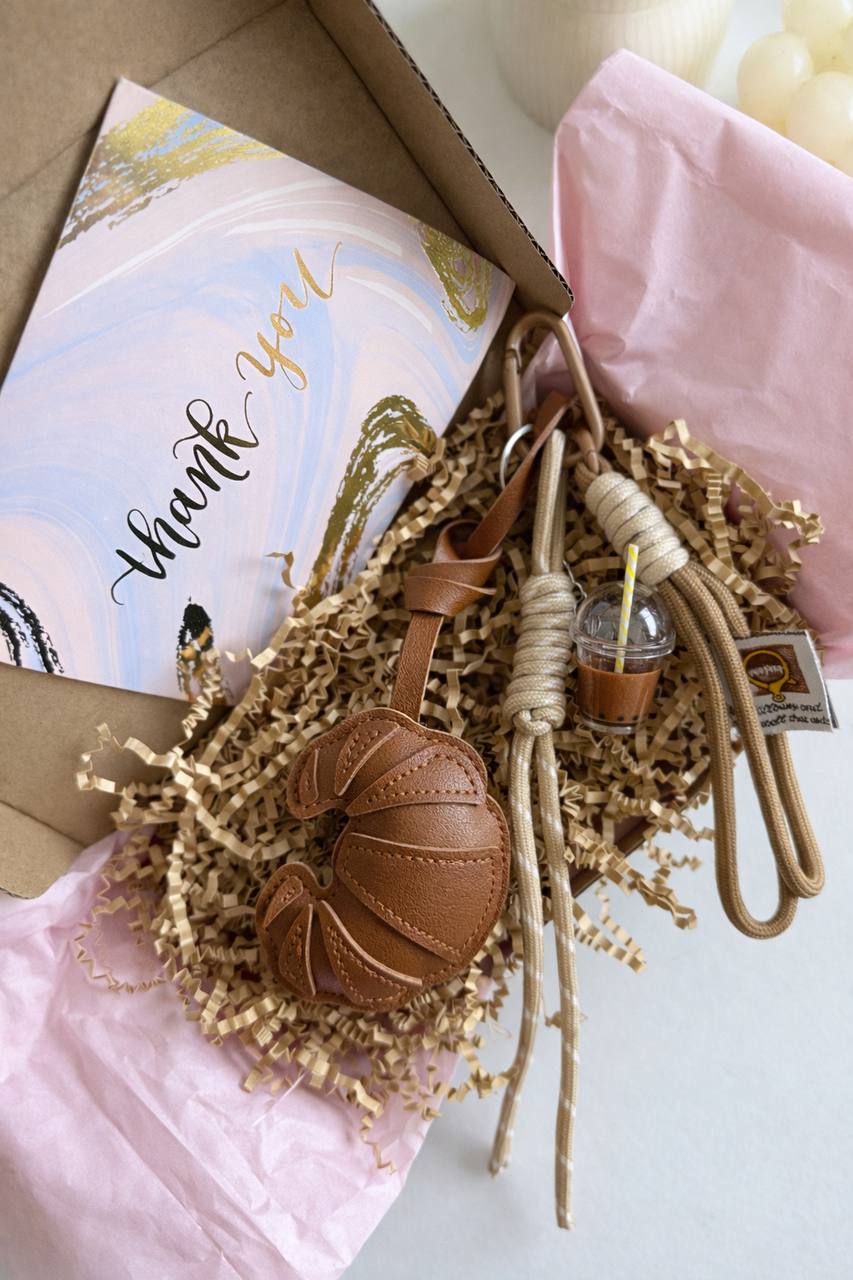 Brown Croissant Bag Charm – Faux Leather Parisian Café Keychain Purse Accessory