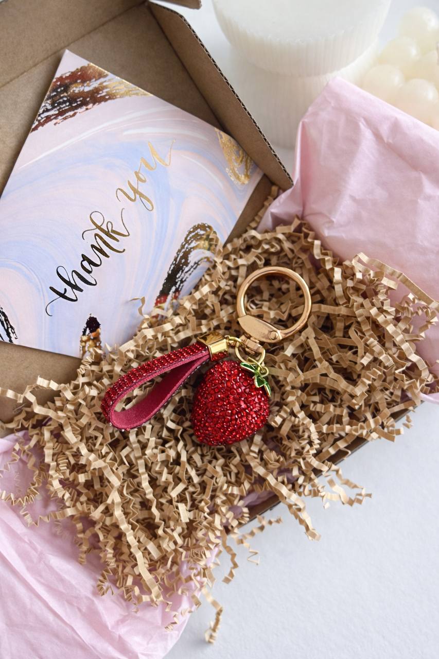 Crystal Strawberry Bag Charm, Luxury Rhinestone Keychain, Designer Style Purse Accessory, Gift for Her
