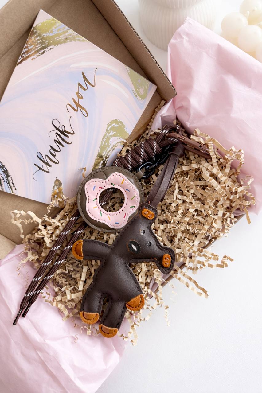 Leather Teddy Bear Bag Charm with Donut Keychain, Purse Accessory, Gift for Her