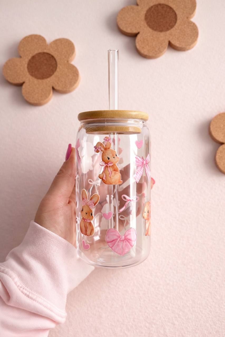 16oz Glass Tumbler, Pink Bow Cherry Bunny Design