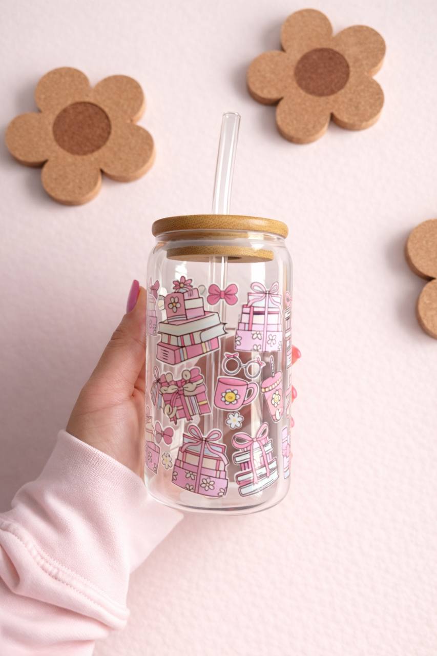 16oz Glass Tumbler, Pink Bow Cherry Bunny Design