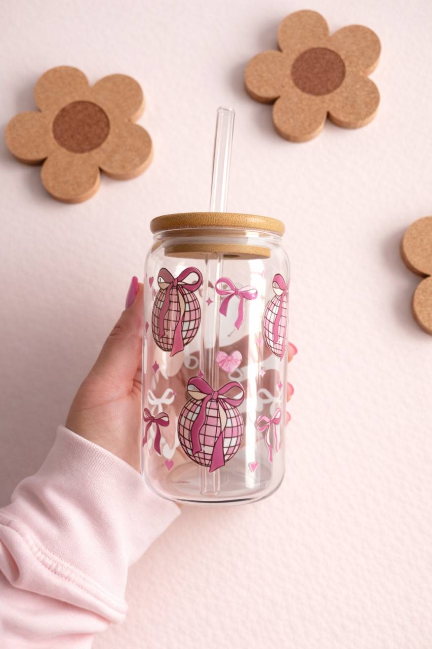 16oz Glass Tumbler, Pink Bow Cherry Bunny Design