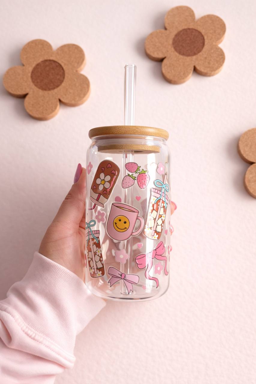 16oz Glass Tumbler, Pink Bow Cherry Bunny Design