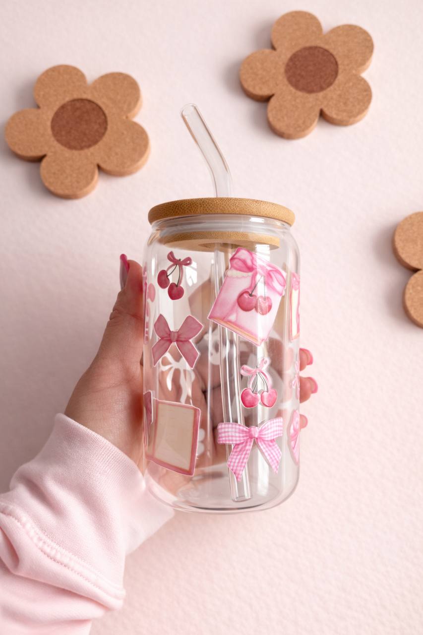 16oz Glass Tumbler, Pink Bow Cherry Bunny Design