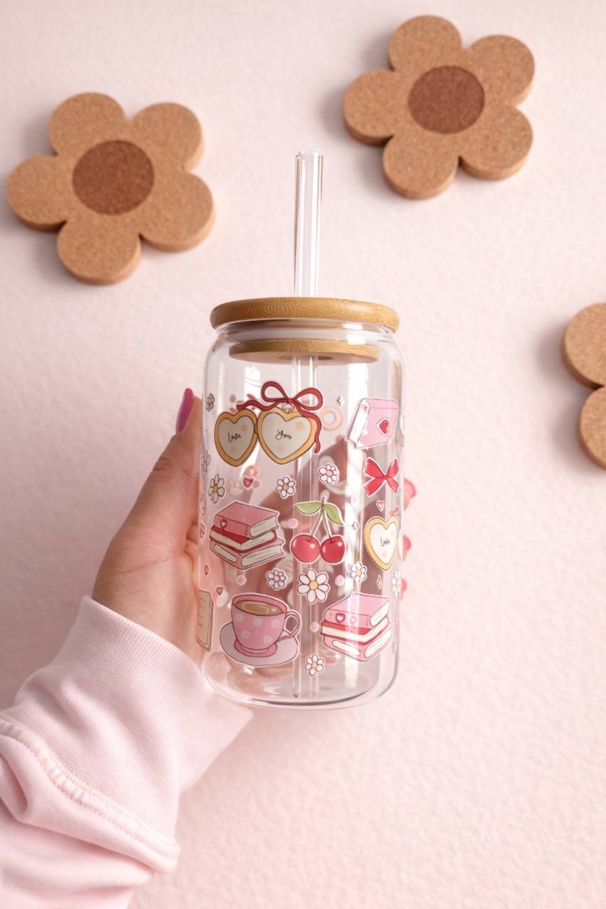 16oz Glass Tumbler, Pink Bow Cherry Bunny Design