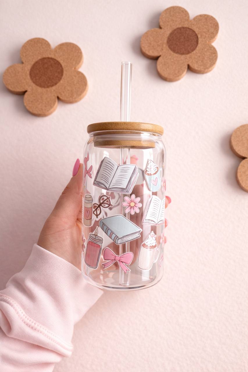 16oz Glass Tumbler, Pink Bow Cherry Bunny Design